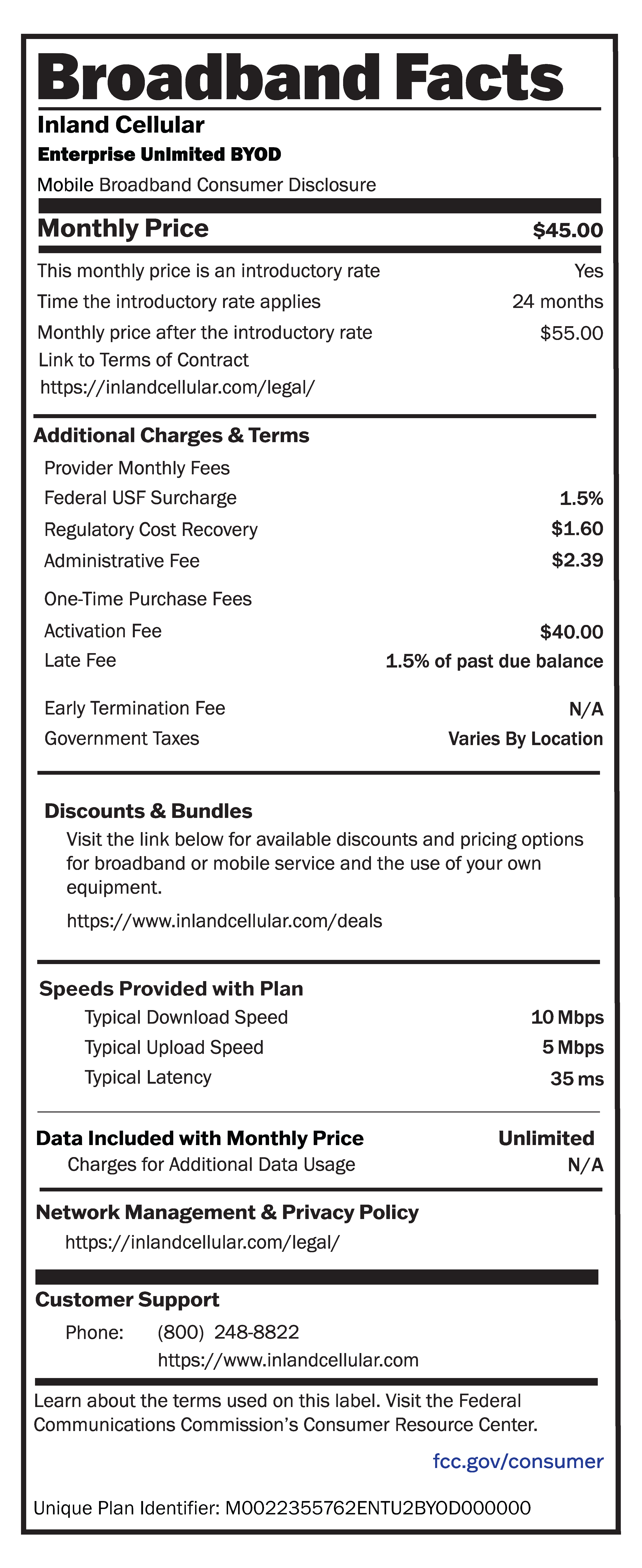 Inland Cellular BroadBand Facts LabelsEnterpriseUnlimitedBYODTiered