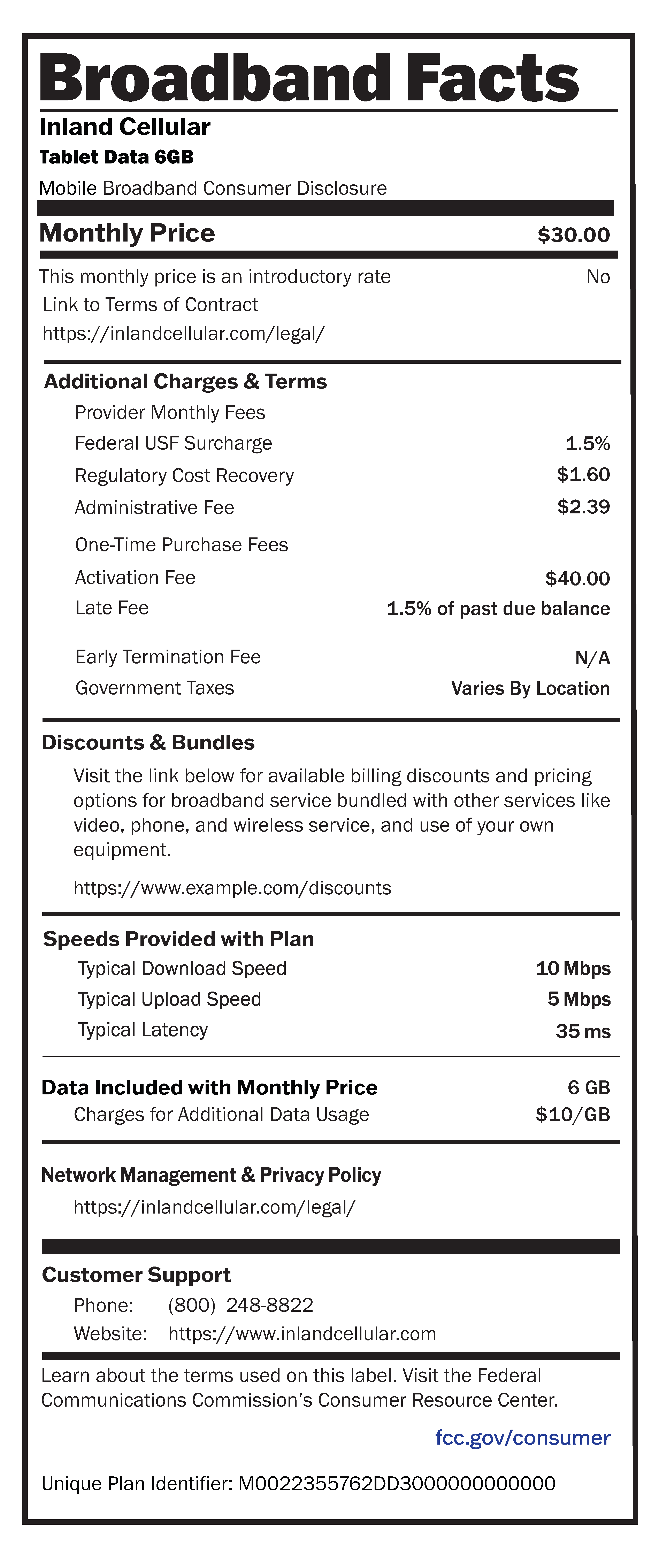 Inland Cellular BroadBand Facts LabelsTabletData6GB